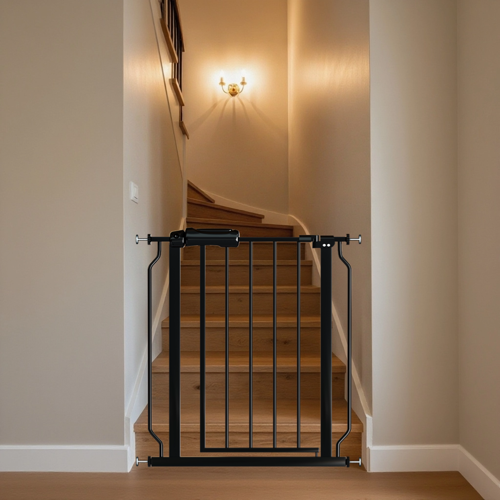 Black extra wide baby gate pressure mounted at the bottom of stairs