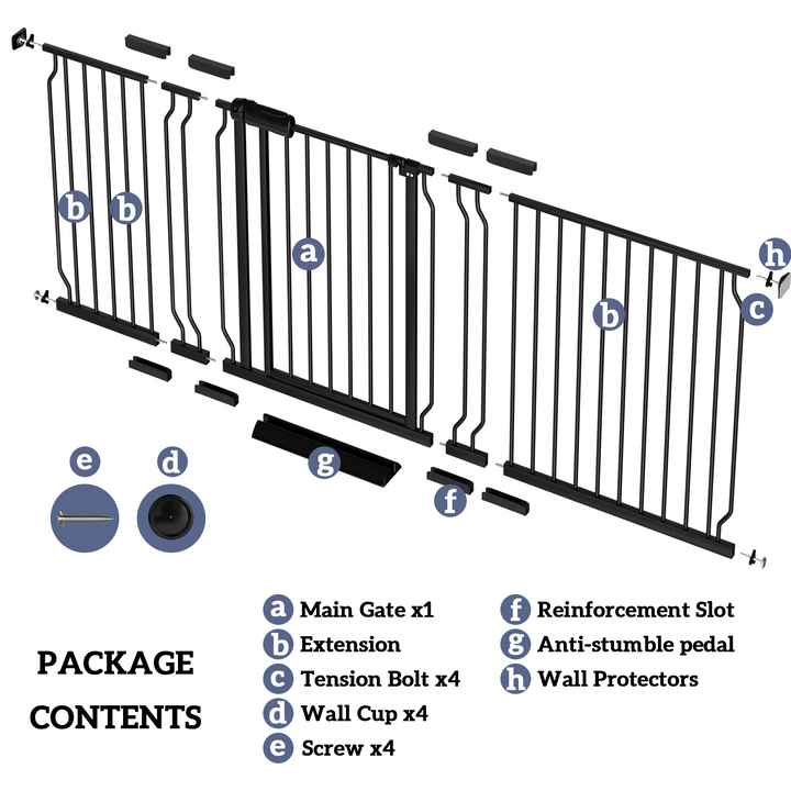 Package contents of FairyBaby extra wide baby gate including main gate, extensions, and tension bolts