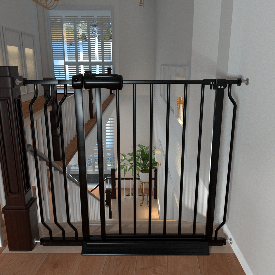 FairyBaby black extra wide baby gate for stairs with banister.