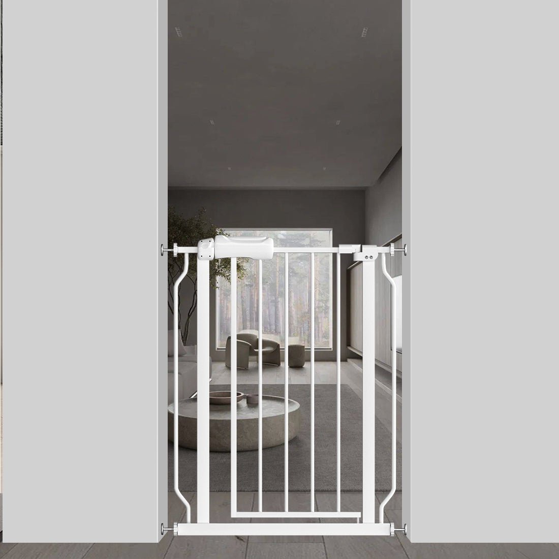 Manufacturer illustration of a narrow pet gate with 24.1 to 26.7 inch width adjustment