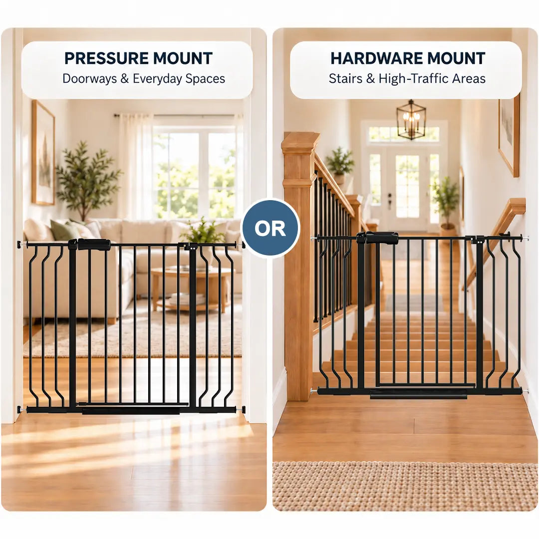 FairyBaby W046 2-in-1 black baby gate showing pressure mount for doorways and hardware mount for stairs safety.