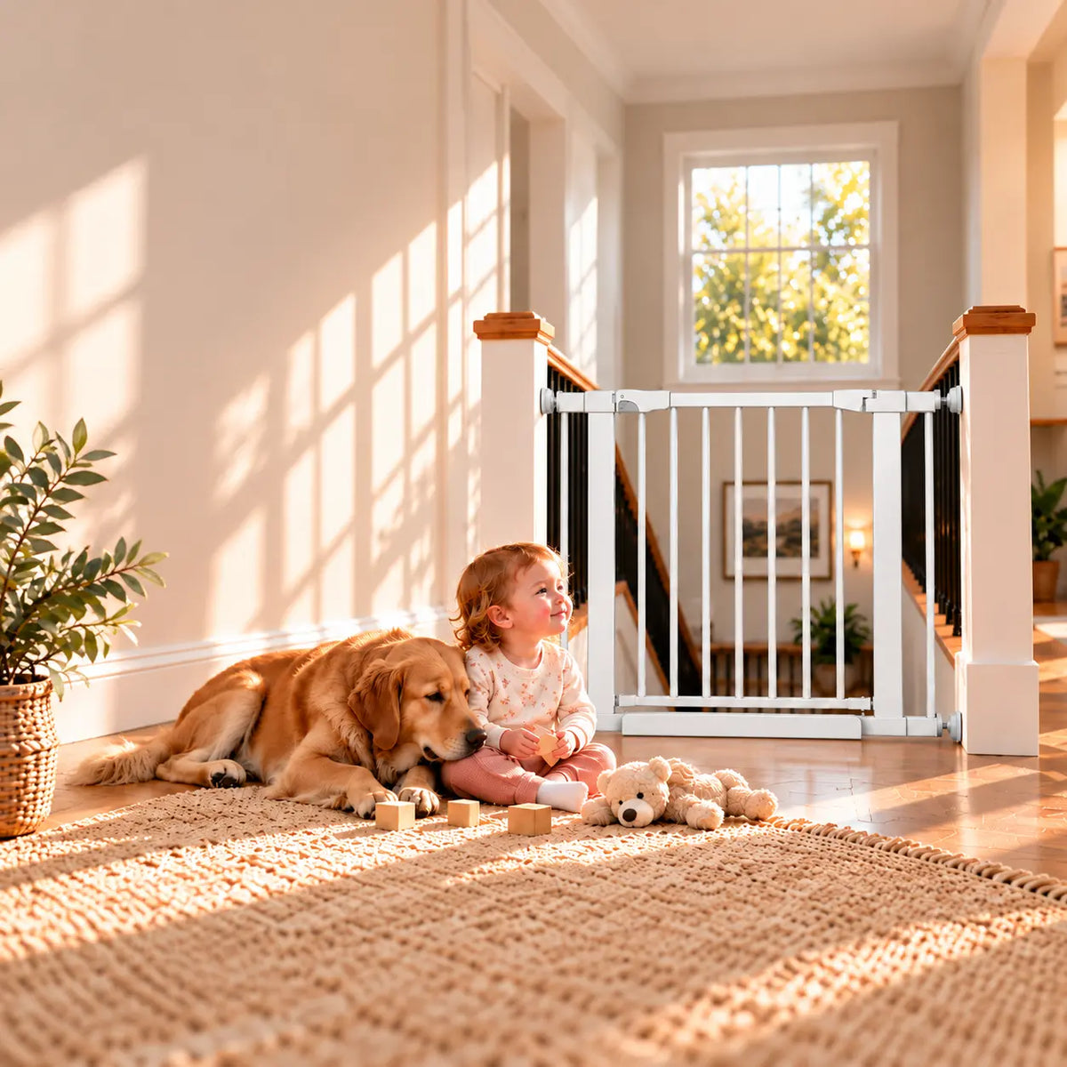 Fairy Baby indoor child and dog safety gate for stairs and doorways, featuring an auto-close walk-through door with a child playing nearby.