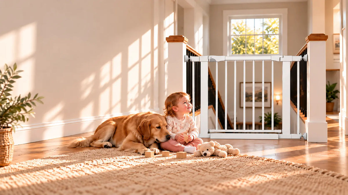 Fairy Baby white pressure mounted safety gate installed at the bottom of stairs, with a toddler and golden retriever dog sitting on the rug in the sunlight.