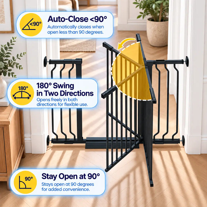 Product features of FairyBaby W282 showing 180 degree swing in two directions and auto close function