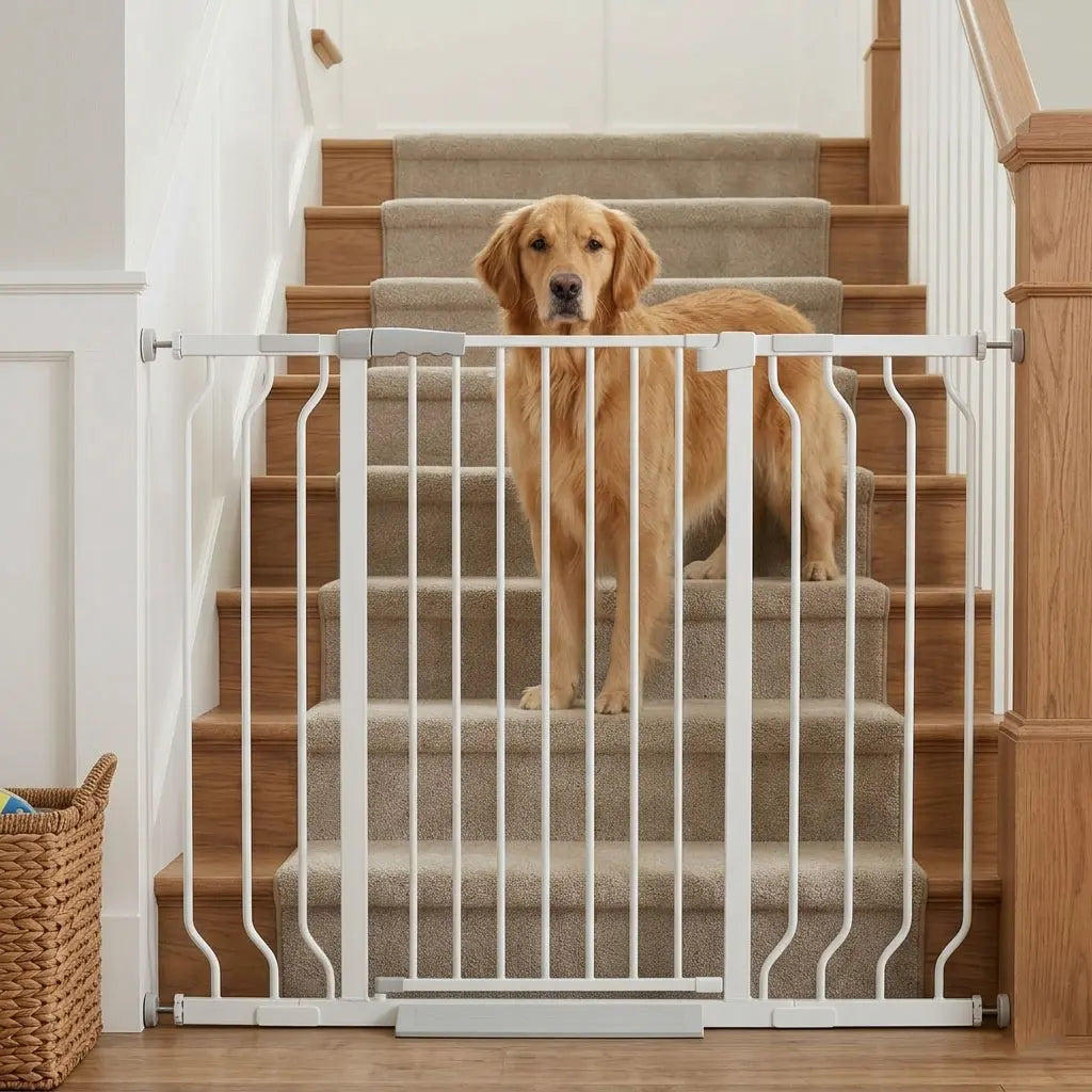 Fairybaby W282 extra wide white dog gate installed at the bottom of stairs, safely blocking a Golden Retriever dog