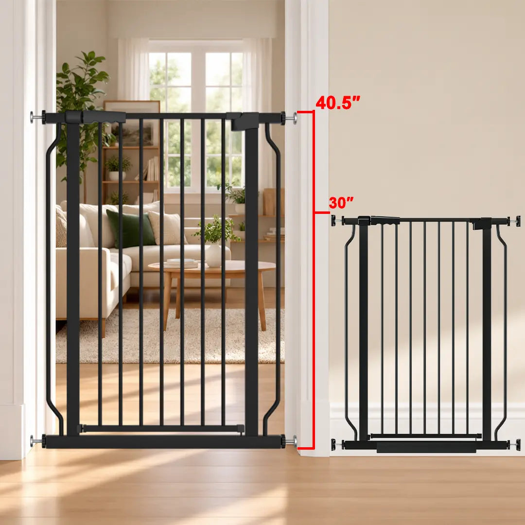 FairyBaby W282 40.5 inch tall black baby gate showing height comparison against a standard safety gate for large dogs and toddlers.