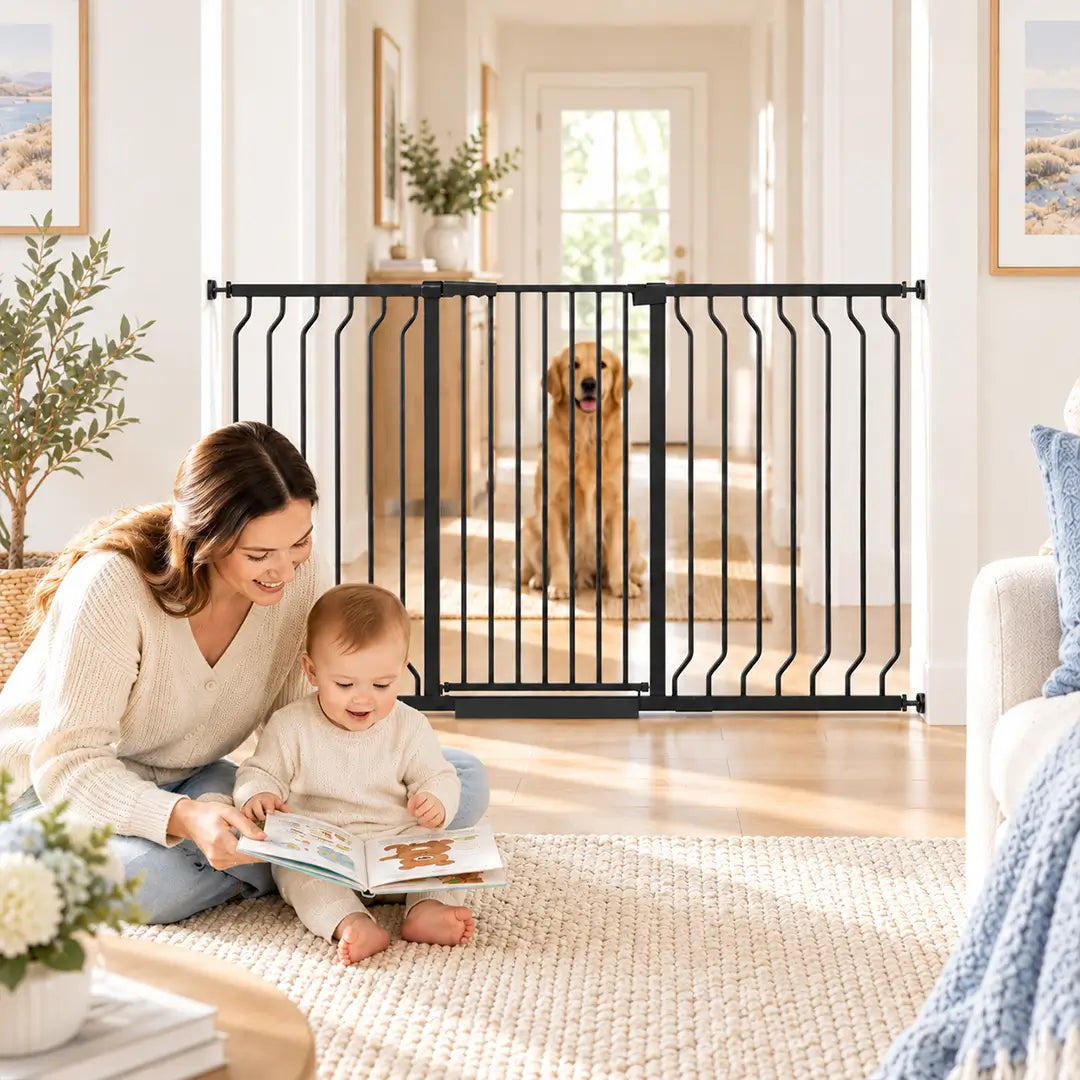 FairyBaby W282 extra wide white baby gate installed in a living room near mother and child