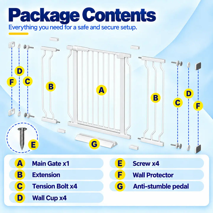 Package contents diagram for FairyBaby W282 showing main gate extensions tension bolts and wall cups