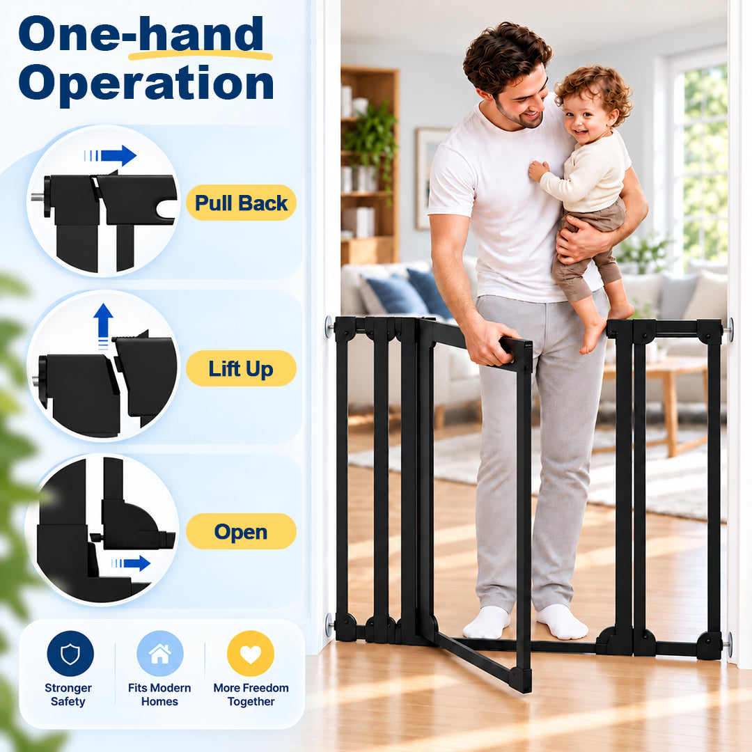 FairyBaby W414 clear acrylic baby gate with a walk-through door being opened with one hand, featuring an easy three-step safety latch for adults.