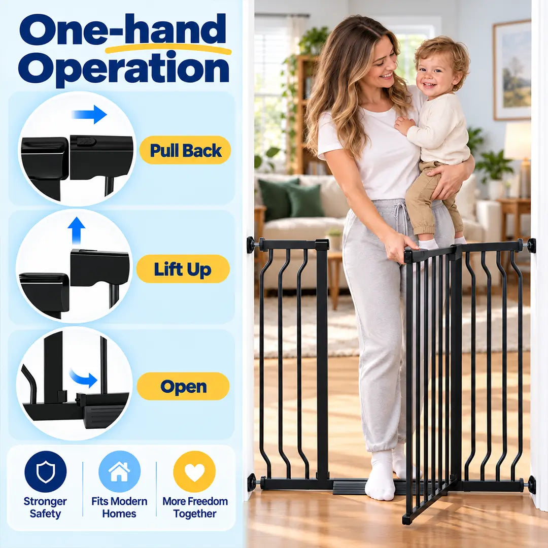 Infographic showcasing FairyBaby W282 safety gate with one hand operation step by step guide
