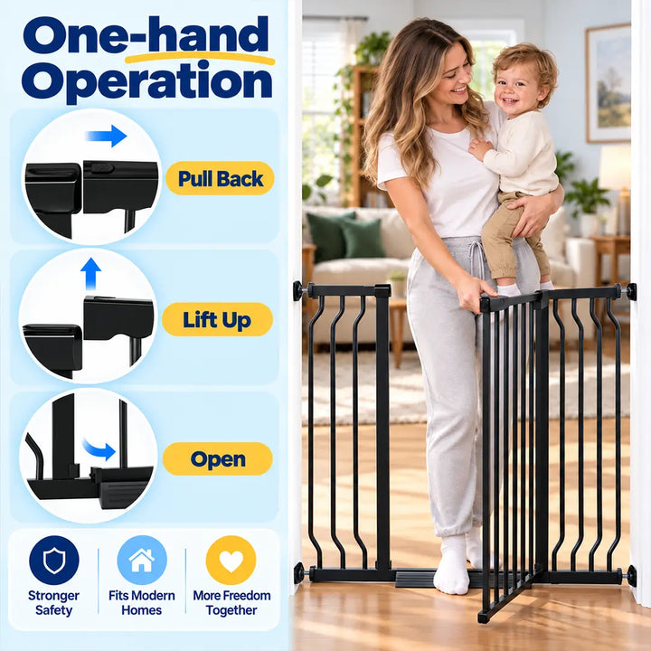 Infographic showcasing FairyBaby W282 safety gate with one hand operation step by step guide