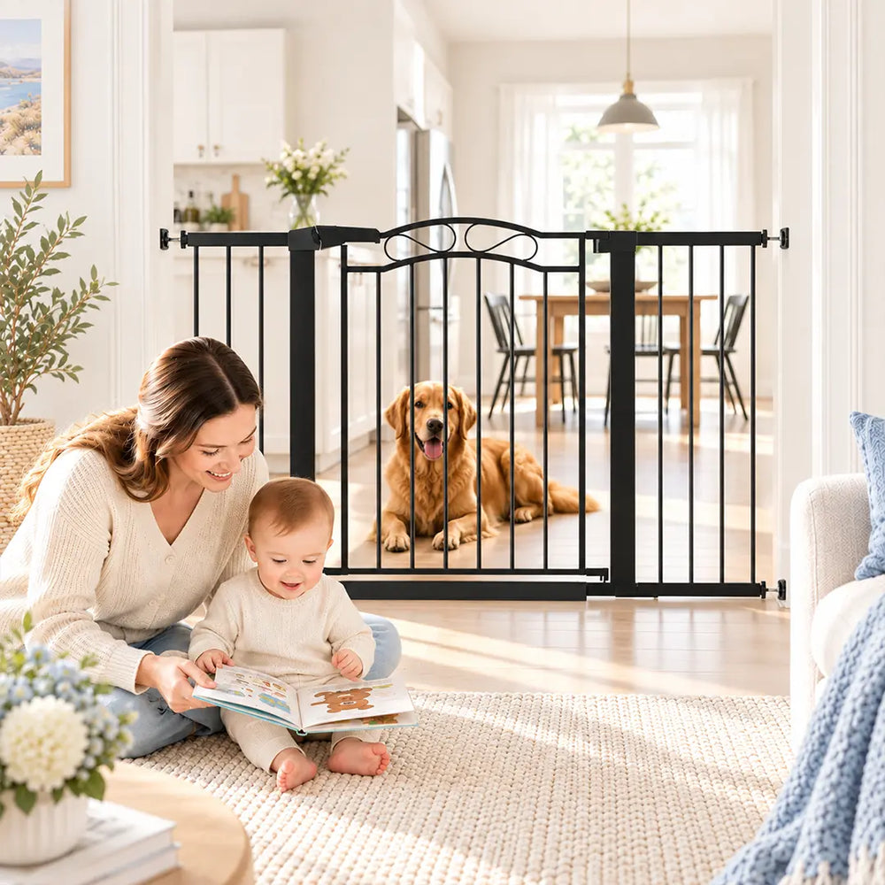 Pressure mounted black safety gate for babies and toddlers with a mother and child playing in the background