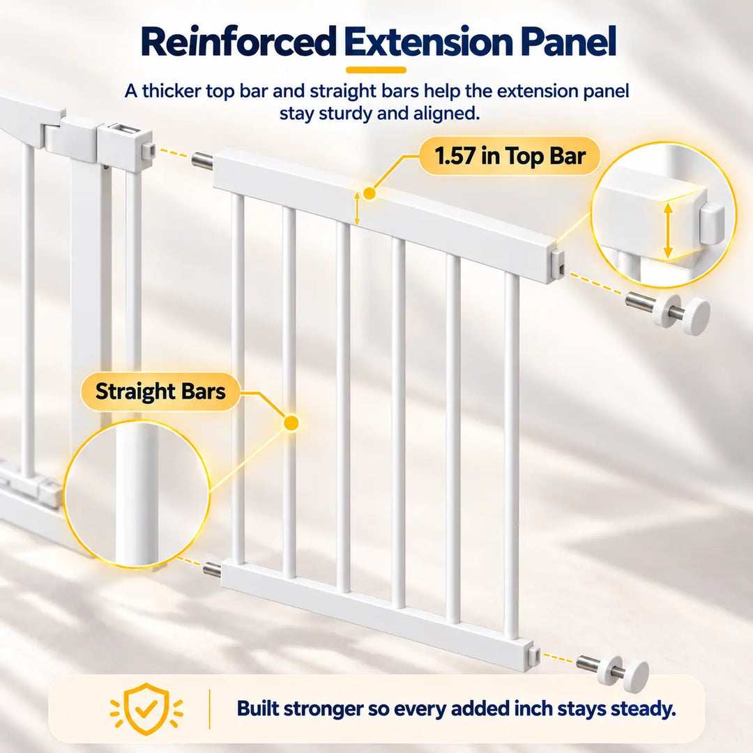 W108 white baby safety gate reinforced extension panel showing thicker top bar and straight bars for extra stability.