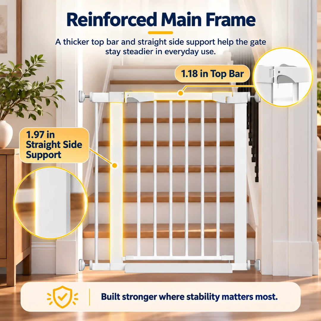W108 white baby safety gate featuring a reinforced main frame with a thicker top bar and straight side support installed at the bottom of stairs