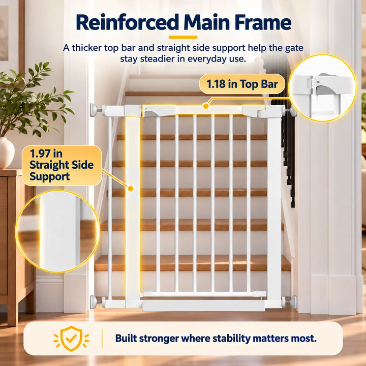 W108 white baby safety gate featuring a reinforced main frame with a thicker top bar and straight side support installed at the bottom of stairs